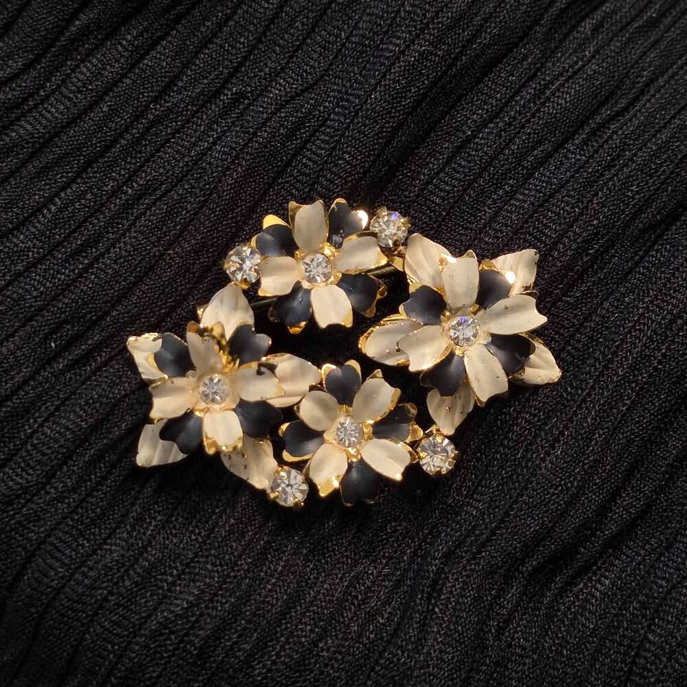 Vintage Austria Floral Brooch Black White Enamel Rhinestone Pin